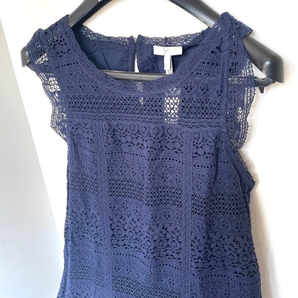 Joie Dress Cotton Ruffle Mini Dress Large Navy Blue Sleeveless Shift Shift Lace - Picture 4 of 12